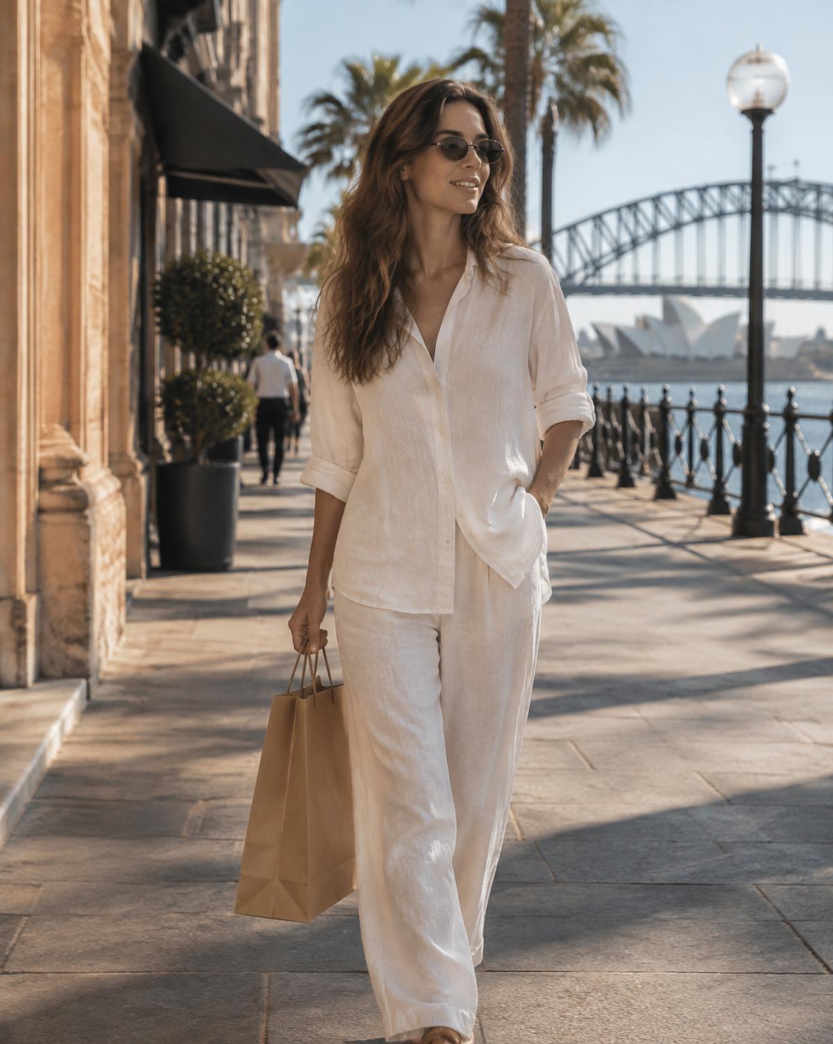 A shopper walking along the Sydney harbourfront on a bright morning