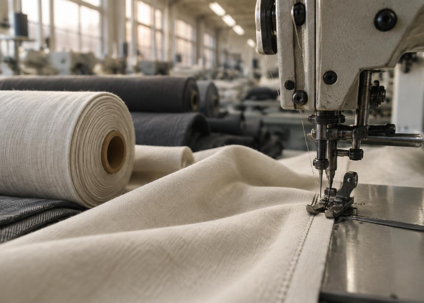 Industrial sewing machine stitching linen in a modern textile factory