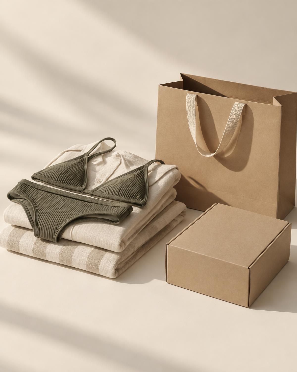 Folded swimwear and linen apparel beside kraft packaging, ready for export